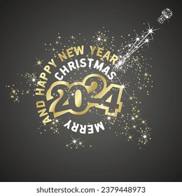 Merry Christmas and Happy New Year 2024 stardust sparkle firework greeting card gold white black vector logo