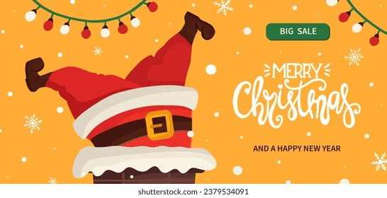 Merry Christmas and happy New Year Santa Claus character legs stuck in chimney Xmas holiday banner background. Greeting card, web poster template.  Christmas vector illustration in flat cartoon style