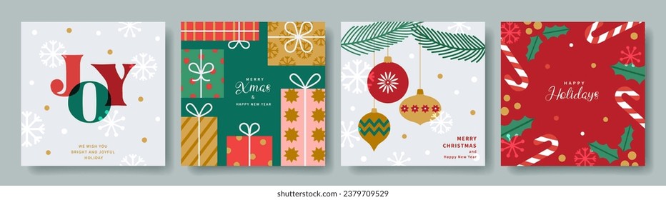 Feliz Navidad y Feliz Año Nuevo conjunto de tarjetas de felicitación. Diseño geométrico moderno de Navidad con tipografía, árbol y bolas de Navidad, regalos, caramelos, caramelos. Pancarta, afiche, portada de las plantillas de vectores.