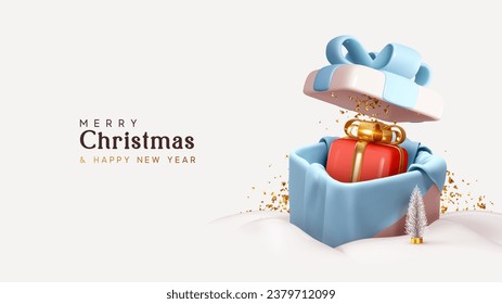 Merry Christmas and Happy New Year background. Christmas open gift box with a surprise inside, realistic 3d design. Xmas Festive composition. Holiday poster and banner. Vector illustration