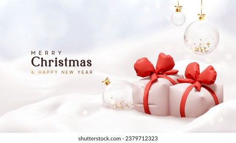 Merry Christmas and Happy New Year background. Christmas two white gift boxes lie in snowdrift, glass balls hang. Realistic 3d design. Xmas composition. Holiday poster and banner. Vector illustration