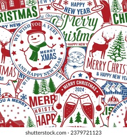 Merry Christmas and Happy New Year 2024 seamless pattern with snowflakes, hanging Christmas ball, Santa Claus, snowman, candy. Vector illustration. Christmas background with new year sticker