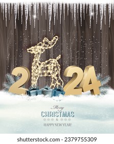 Merry Christmas and Happy New Year Holiday background with gift boxes, glowing deer and golden 2024 numbers. Vector.