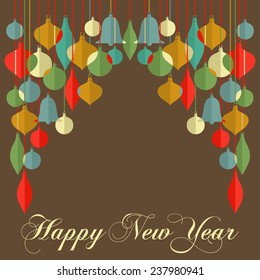 Merry Christmas and Happy New Year postcard.  Flat Design Card with Christmas toys. Colorful design. Vector illustration. 