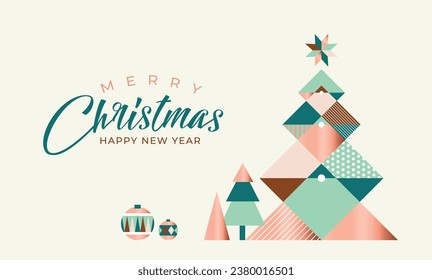 Merry Christmas and Happy New Year illustration of gold luxury christmas pine tree frame with geometric art deco style element for elegant holiday celebration.