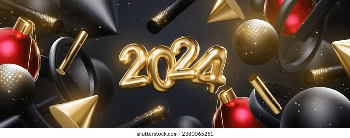 Merry Christmas and Happy New Year. Golden 2024 numbers with Christmas ball, flowing black, red and gold geometric 3d shapes. Vector holiday illustration. Winter festive poster or banner design