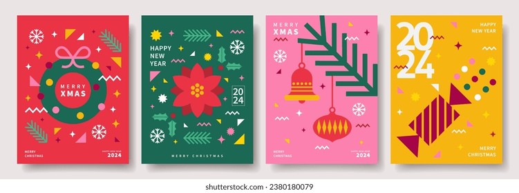 Merry Christmas and Happy New Year abstract geometric cards design. Modern Xmas design with typography, geometric patterns and elements. Vector templates for banner, poster, holiday cover.