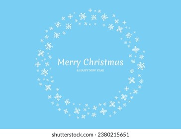 Merry Christmas and Happy New Year backdrops with white snowflakes in circle form. Holidays background for Christmas greeting card on blue background. Vector illustration