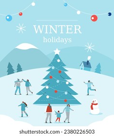 Merry Christmas and Happy New Year. People skating on the ice rink around Christmas tree, having fun, joyful emotions. Winter background, web banner or poster, greeting card. Flat vector illustration