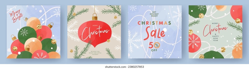 Merry Christmas and Happy New Year greeting card Set. Modern Xmas art doodle design with typography, beautiful Christmas tree and balls, snowflakes pattern. Minimal sale banner, poster, cover template
