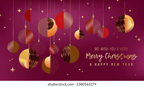 Merry Christmas and Happy New Year card with original elegant luxury golden abstract christmas balls and copy space on purple background - vector illustration