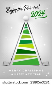 Merry Christmas and Happy New Year 2024 card for golf fans. Abstract christmas tree, golf clubs and ball - vector illustration