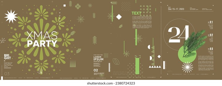 ¡Feliz Navidad y Feliz Año Nuevo! 2024. Pancarta moderna de Navidad minimalista. Ilustración vectorial con elementos de tipografía. Objetos geométricos vectoriales, copos de nieve, ramas de abetos, símbolos navideños.