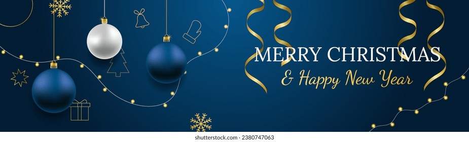 Merry Christmas and Happy New Year vector banner. Realistic rose gold and blue baubles, snowflakes hanging on dark blue background with realistic garland and confetti. Background gold Christmas icon