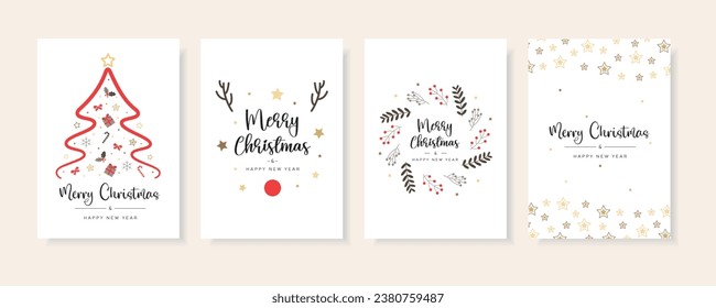 Merry Christmas and Happy New Year Set of backgrounds, greeting cards, posters, holiday covers. Xmas templates with typography and season wishes for web, social media, print