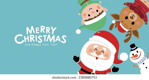 Merry Christmas and happy new year greeting card with cute Santa Claus, little elf, snowman and deer. Holiday cartoon character in winter season. -Vector