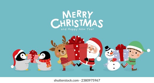 Merry Christmas and happy new year greeting card with cute Santa Claus, little elf, snowman, deer and penguins. Holiday cartoon character in winter season. -Vector