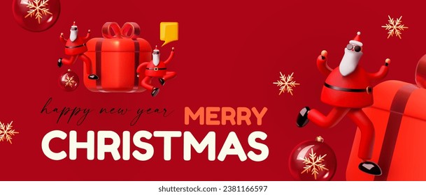 Merry Christmas and Happy New Year design template with gift box, snowflake and Santa Claus. Happy holidays. Special season offer