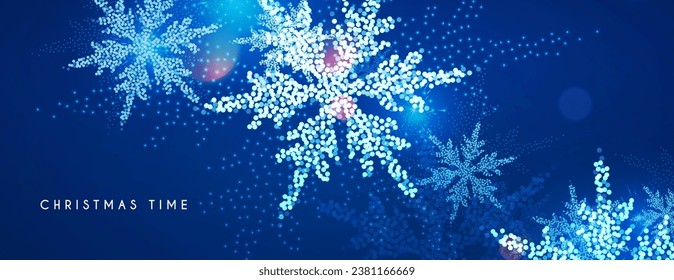 Merry Christmas and Happy New Year design with snowflakes and lights. Shining winter background