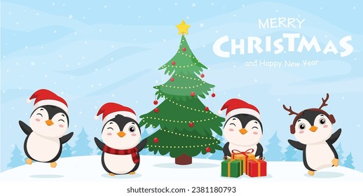 Merry Christmas and happy new year banner with set of cute penguin cartoon