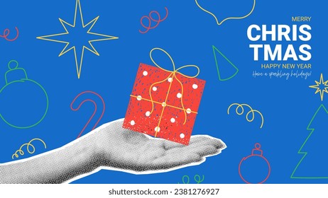 Merry Christmas and Happy New Year banner. Vector illustration with halftone hand holding gift box and hand drawn doodle. Retro holiday banner for decoration cards, greetings, posters, parties.