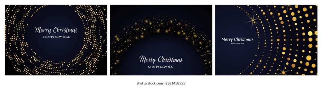 Merry Christmas and Happy New Year backdrops with gold glitter pattern in circle form. Set of abstract gold glowing halftone dotted backgrounds for Christmas holiday greeting card on dark background
