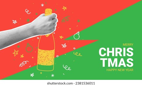 Merry Christmas and Happy New Year banner. Vector illustration with halftone hand holding champagne bottle. Retro New Year banner for decoration cards, posters, social media with hand drawn doodle.