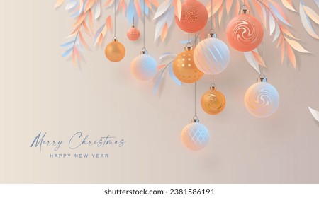 Merry Christmas and Happy New Year banner. Delicate composition of festive Christmas balls and paper cut style leaves