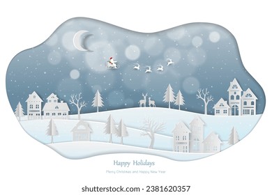 Merry Christmas and Happy new year greeting card,celebrate theme with countryside landscape on winter night,vector illustration