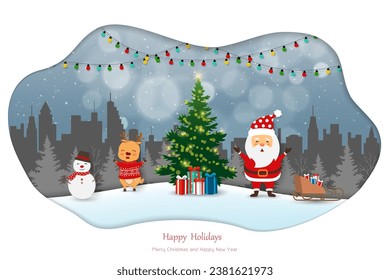 Merry Christmas and Happy new year greeting card,winter night landscape with Santa Claus and friends celebrate party on city background,vector illustration