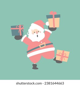 merry christmas and happy new year with cute santa claus and present gift in the winter season green background, flat vector illustration cartoon character costume design