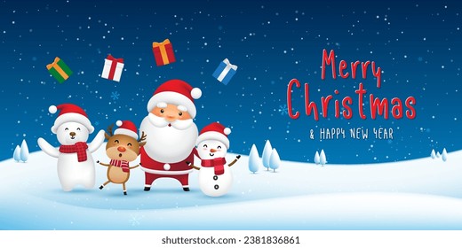 Merry Christmas and happy new year. Greeting card with cartoon characters on a snow, Santa Claus, reindeer, snowman and polar bear. Vector eps10.