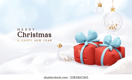 Merry Christmas and Happy New Year background. Christmas two red gift boxes lie in snowdrift, glass balls hang. Realistic 3d design. Xmas composition. Holiday poster and banner. Vector illustration