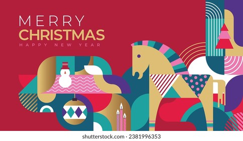 Merry Christmas and Happy New Year illustration of gold luxury christmas pine tree frame with geometric art deco style element for elegant holiday celebration.