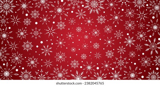 Merry Christmas and Happy New Year Holiday Background. Winter Festive Snowflakes Banner Design. Hand Draw Snowflakes Background. Christmas Ornament with Falling Snow. Vector Illustration. 