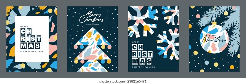 Merry Christmas and Happy New Year Set of greeting cards, posters, holiday covers. Modern design with Christmas decorative elements.Snowflakes, Christmas tree, Christmas ball with abstract pattern.