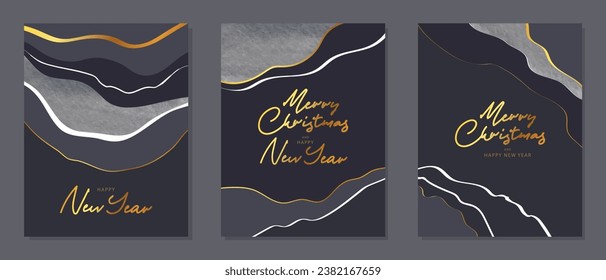 Merry Christmas and Happy New Year Set of greeting cards, posters, holiday covers. Modern design with watercolor texture and gold stripes.