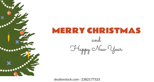 Merry Christmas and Happy New Year banner background. Decorated Xmas tree with festive baubles and garlands. Winter holidays card design tempalte. Colored flat vector illustration