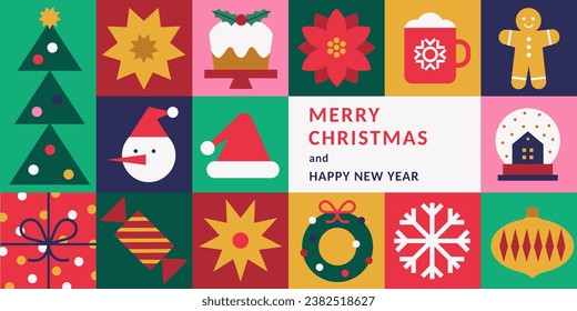 Feliz Navidad y Feliz Año Nuevo fondo geométrico abstracto. Patrón colorido moderno con íconos de Navidad minimalistas. Diseño de moda para banner, tarjeta, portada, afiche, publicidad, papel pintado.