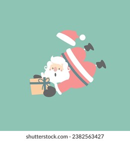 merry christmas and happy new year with cute santa claus and present gift in the winter season green background, flat vector illustration cartoon character costume design