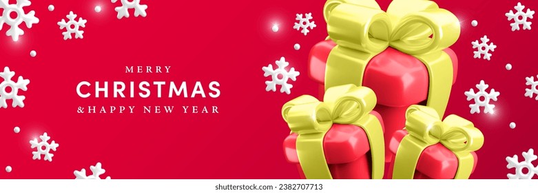 Merry Christmas and Happy New Year horizontal narrow banner template. Vector red 3d gifts with golden bow, white snowflakes greeting concept on red background. Cute 3d render Xmas present illustration