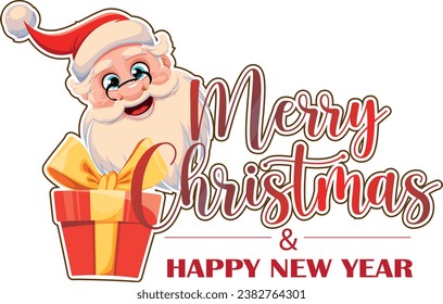 Merry christmas and happy new year greeting text with santa claus holding gift elements. illustration holiday season xmas template.