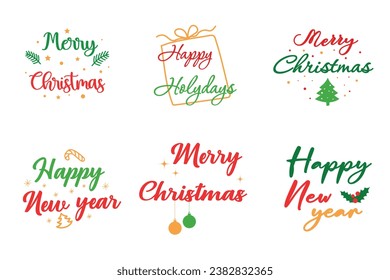 Merry Christmas and Happy New Year, happy holidays, typographic emblems set. logo, text design. Lettering for banners, greeting cards, gifts, etc. Vector.