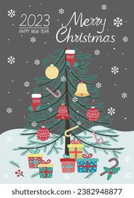 Merry Christmas and a happy new year! Vector illustration with the congratulation of the coming year. Festive decoration for christmas.