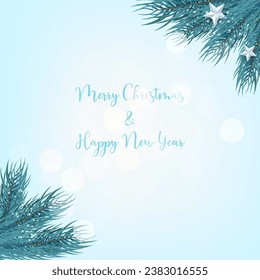 Merry Christmas and Happy New Year background with pine branches and glitter.