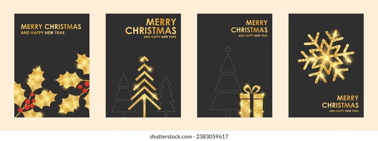 Merry Christmas and Happy New Year greetings, gold design on a black background. Winter vector illustration.