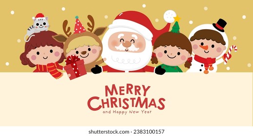 Merry Christmas and happy new year greeting card with Santa Claus, cute kids in snowman, xmas tree, deer and red costume. Holiday cartoon character in winter season. -Vector