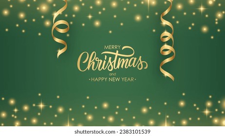 Merry Christmas and Happy New Year celebration banner. Festive background for holiday greetings and  Christmas invitations. Glittering sparks. Green background. Vector illustration.