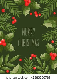 Merry Christmas and Happy New Year 2024 background with Christmas tree branches, berries and frame with place for text. Vector illustration. Vertical holiday flyer, sale coupon or party invitation