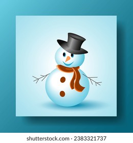 Merry christmas and happy new year greeting card with copy space and Cute snowman standing in winter christmas, landscape snow falling